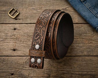 Western Leather Belt Strap, Floral Engraved Cowboy Belt Without Buckle, Brown