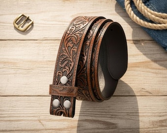 Western Leather Belt Strap, Floral Engraved Cowboy Belt Without Buckle, Brown