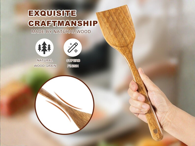 May include: Wooden spatula with a wide, rectangular head and a long handle. The spatula is made of natural wood with a visible wood grain. The image includes text that reads "EXQUISITE CRAFTSMANSHIP MADE BY NATURAL WOOD".