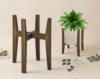 Adjustable Bamboo Plant Stand, Mid Century Indoor Planter Holder for 8-12 Inch Pots