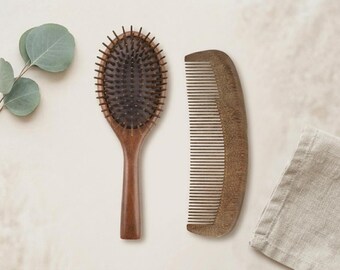Golden Sandalwood Hair Brush and Comb Set, Anti Static Scalp Massage Tool