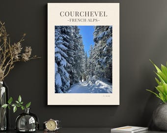 Lámina con estampado de bosque nevado en los Alpes franceses de Courchevel, decoración de pared para estación de esquí de montaña en invierno (descarga digital)