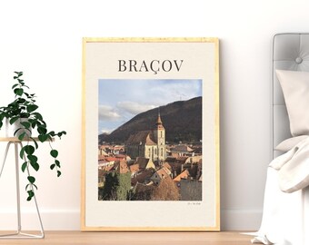 Lámina de Brașov, póster de viaje de Transilvania, arte mural de ciudad medieval (descarga digital)