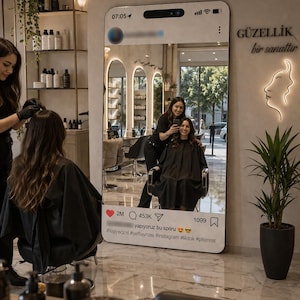 May include: Interior of a beauty salon with a large mirror in the shape of a smartphone, reflecting a customer having her hair styled. The mirror has social media icons and text. Shelves with products and a potted plant are visible.