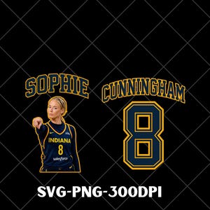 May include: A digital graphic featuring a basketball player in a navy blue and yellow Indiana jersey with the number 8, pointing forward. The text SOPHIE CUNNINGHAM is arched above, with a large number 8 below. Text at the bottom reads SVG-PNG-300DPI.
