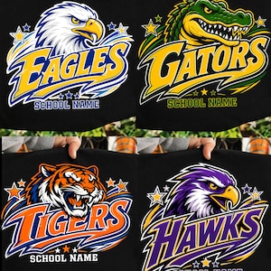 以下が含まれることがあります： EAGLES、GATORS、TIGERS、HAWKSという文字とそれぞれの動物のグラフィックが描かれた黒い布地。各デザインにはSCHOOL NAMEという文字が含まれており、4つの異なるグラフィックが配置されています。