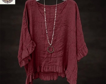 Women Handmade Cotton Blend Ruffle Blouse Loose Fit V Neck Tunic Top Casual Shirt