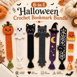 Può includere: Una collezione di sette segnalibri all'uncinetto a tema Halloween che include una zucca, un fantasma, un gatto nero, un pipistrello, un cappello da strega con luna e stelle, una ragnatela con ragno e un dolcetto a forma di mais.