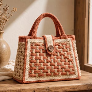 Puede incluir: Un bolso estructurado hecho de hilo de ganchillo con un patrón de tejido de cesta en dos tonos. El bolso presenta un diseño en color naranja terracota y crema, dos asas superiores y un cierre de solapa central con un botón de madera redondo.