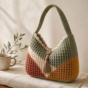 Puede incluir: Un bolso de ganchillo con un patrón geométrico de bloques de color en verde salvia, crema, terracota y amarillo mostaza. El bolso tiene una sola correa para el hombro, un borde superior festoneado y un cierre de botón de madera con borla.