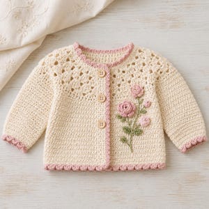 May include: A cream-colored crochet cardigan featuring long sleeves, a round neckline, and three wooden buttons. The garment is accented with a pink crocheted trim along the edges and a floral embroidery design of pink roses and green leaves.
