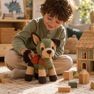 Crochet Dog Pattern, Patchwork Amigurumi Puppy PDF, Stuffed Animal Tutorial with Saddlebag, Intermediate Crochet