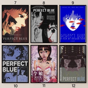 K&ouml;nnte beinhalten: Eine Sammlung von sechs rechteckigen Postern f&uuml;r den Film Perfect Blue von Satoshi Kon. Die Poster zeigen verschiedene animierte Illustrationen einer Figur, darunter Szenen mit roten Fischen, floralen Mustern und Text in Englisch und Japanisch.