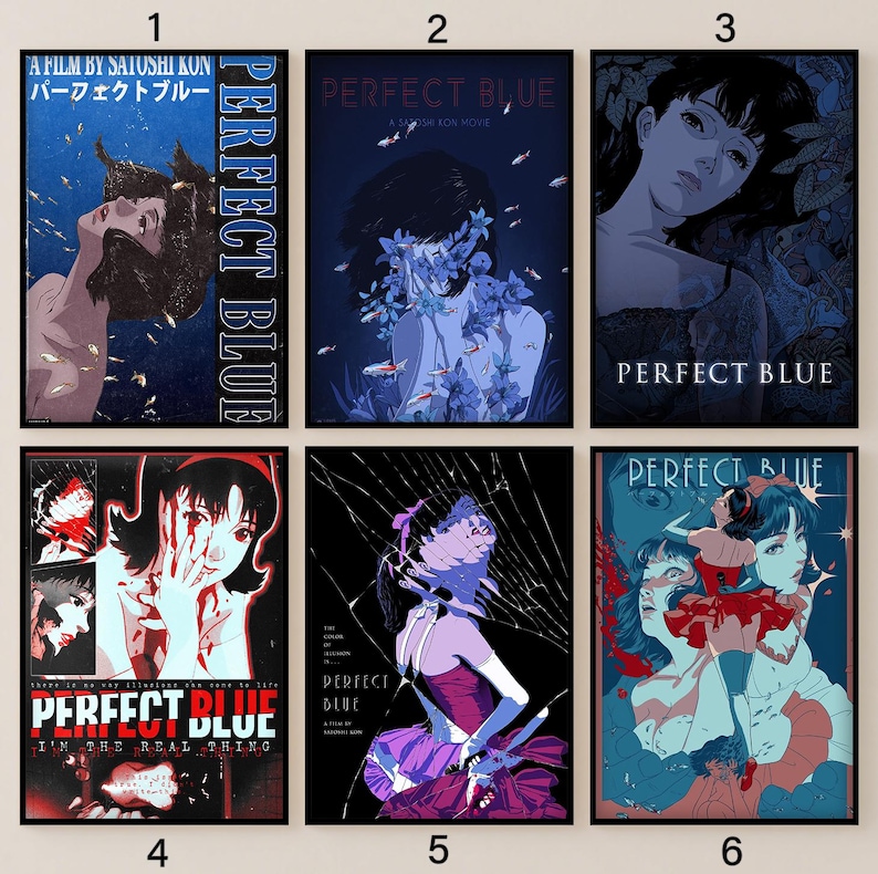 K&ouml;nnte beinhalten: Eine Sammlung von sechs rechteckigen Postern mit Anime-Illustrationen aus dem Film Perfect Blue. Die Kunstwerke zeigen verschiedene Szenen mit Charakteren in blauen, roten und schwarzen Farbpaletten, einschlie&szlig;lich Filmtiteln und filmischer Darstellungen.