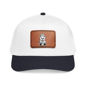Crowned Teddy Bear leather patch Mid Profile Baseball Cap | Embroidered Patch Hat