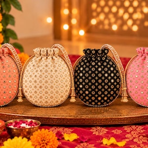 Puede incluir: Cuatro bolsos redondos con cordón en color melocotón, crema, negro y rosa, cada uno con un patrón de bordado de estrellas repetido con pequeños espejos incrustados y un asa de cuentas, dispuestos en fila sobre una bandeja metálica.