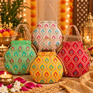 May include: Four round drawstring handbags featuring embroidered peacock feather patterns in green, white, yellow, and red. Each bag has a beaded pearl handle and a matching drawstring closure with decorative gold-toned metal accents.