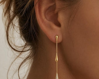 Pendientes colgantes de oro delicados, pendientes colgantes minimalistas con cadena, pendientes largos de oro, joyería nupcial, regalo para ella.