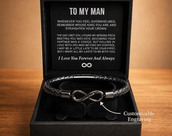 Anpassat namn Infinity läderarmband, personligt svart armband, oändlighetssymbol present till honom, fars dag present