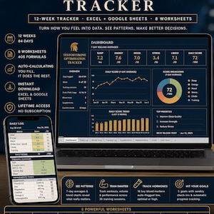 May include: A digital testosterone optimisation tracker for Excel and Google Sheets displayed on a laptop and smartphone. The interface features a dashboard with 7-day rolling averages, daily score trends, and 8 worksheets for tracking health metrics, training, supplements, and blood markers.