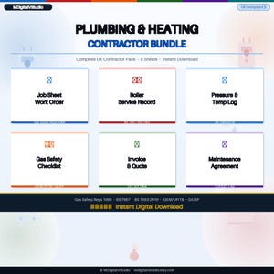 May include: A digital download bundle for plumbing and heating contractors. The image features a white background with text and icons. The text includes "PLUMBING & HEATING CONTRACTOR BUNDLE" and titles for documents like "Job Sheet Work Order" and "Invoice & Quote."