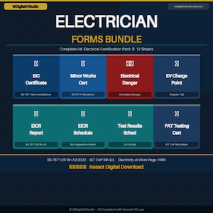 Electrician Forms Bundle | Eic Minor Works Ev Charge Point Eicr Pat | Google Sheets Uk Templates | Bs 7671 Electrical Certificates