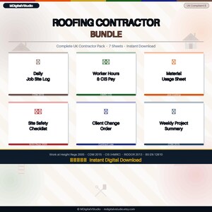 Può includere: Grafica per download digitale con la scritta "ROOFING CONTRACTOR BUNDLE" e vari moduli, tra cui un registro giornaliero del cantiere, ore di lavoro e stipendio CIS e un foglio di utilizzo dei materiali. Il pacchetto è per appaltatori del Regno Unito.