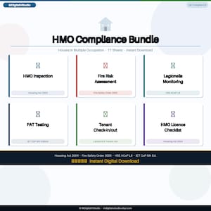 May include: A digital download titled "HMO Compliance Bundle" with six sections: HMO Inspection, Fire Risk Assessment, Legionella Monitoring, PAT Testing, Tenant Check-In/Out, and HMO Licence Checklist. Includes text: "Instant Digital Download."