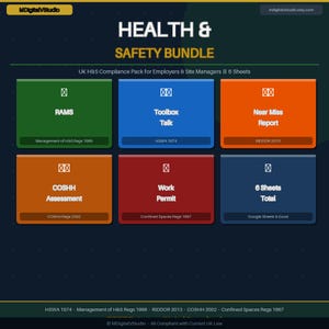 May include: A digital graphic titled "Health & Safety Bundle" with six colored boxes. Each box contains text such as "RAMS", "Toolbox Talk", and "Near Miss Report". The image is designed for UK H&S compliance.