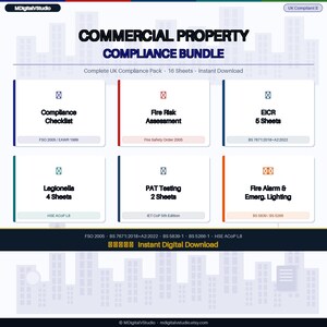 May include: A digital graphic for a "Commercial Property Compliance Bundle." The image displays six cards detailing compliance topics, including "Fire Risk Assessment" and "EICR." Text includes "Instant Digital Download" and "UK Compliant."