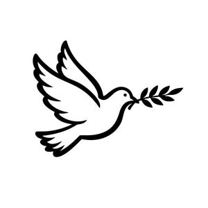May include: A black and white illustration of a dove in flight, carrying an olive branch in its beak. The dove is depicted with its wings spread, and the olive branch has several leaves. The image is set against a white background.
