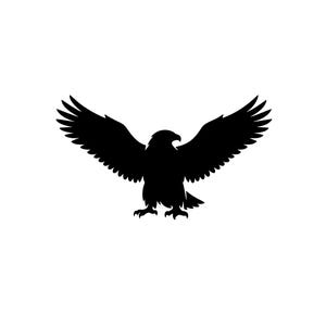 May include: A solid black silhouette of an eagle with its wings fully spread in a wide span. The bird is depicted in a frontal view, showing the detailed feathering along the edges of the wings and the sharp, hooked shape of the beak.