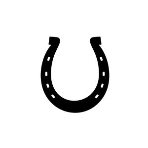 May include: A black horseshoe silhouette against a white background. The horseshoe is curved with rounded ends and small, evenly spaced holes along the outer edge. This image is suitable for equestrian or good luck themed products.