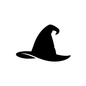 May include: A solid black silhouette of a pointed witch hat. The design features a wide, curved brim and a tall, conical crown that bends slightly at the top, presented as a simple, high-contrast graphic icon on a plain white background.