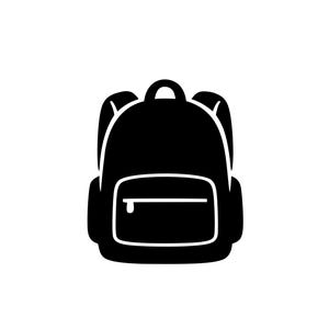 May include: A black backpack silhouette with white outlines. The backpack features a main compartment, a front pocket with a zip, and two shoulder straps. A small handle is at the top. The design is simple and modern, suitable for school or travel.