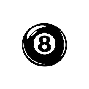 May include: A black billiard ball with a white circular centre containing the number eight in black. The ball features a glossy finish with a white highlight on the upper left side, creating a reflective appearance against the solid black surface.