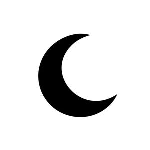 Pode incluir: Uma forma de lua crescente preta sobre um fundo branco. A lua é uma forma sólida e curva com uma ponta. A imagem é simples e gráfica, adequada para várias aplicações de design.