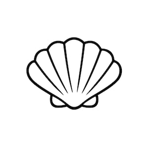 May include: A black and white line drawing of a scallop seashell. The shell has a fan-like shape with multiple curved ridges radiating from the center. The outline is thick, and the background is white.