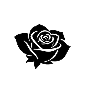 May include: A black and white graphic of a rose. The rose is depicted in a stylized, silhouette form, with detailed petals and leaves. The image is suitable for various design applications.