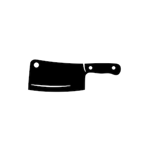 May include: A black cleaver knife with a rectangular blade and a rounded handle. The cleaver has a hole near the top of the blade and two rivets on the handle. The knife is set against a white background.