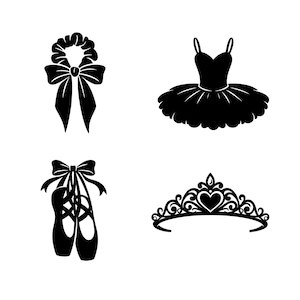 May include: A set of four black silhouettes featuring a hair scrunchie with a bow, a tutu dress with thin straps, a pair of ballet slippers tied with ribbons, and an ornate tiara with a central heart shape, all presented on a white background.