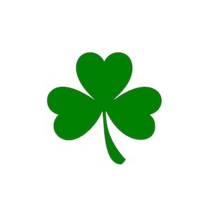 Puede incluir: Un trébol verde brillante con tres hojas en forma de corazón y un tallo, sobre un fondo blanco. Este diseño sencillo es un símbolo de Irlanda y se asocia comúnmente con el Día de San Patricio.