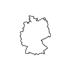 May include: A simple black line drawing depicting the geographical outline of Germany. The illustration features a clean, continuous stroke that traces the borders of the country, presented against a plain, solid white background.