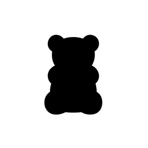 Puede incluir: Una silueta negra sólida con forma de osito de goma. El gráfico presenta las icónicas orejas redondeadas, una cabeza redonda, un torso con brazos prominentes y piernas redondeadas en la base, presentado como un icono plano y bidimensional.