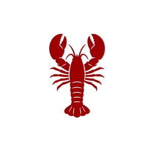 May include: A red lobster illustration on a white background. The lobster is depicted in a stylized, symmetrical design, showcasing its claws, legs, and segmented body. The image is a simple, graphic representation of the crustacean.