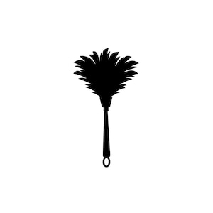 May include: A solid black silhouette of a feather duster featuring a long, slender handle with a circular loop at the base and a wide, bushy head composed of numerous pointed, feather-like shapes extending outward from the central connector.