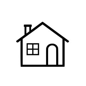 May include: A black and white line drawing of a house. The house features a pitched roof, a chimney, a four-paned window, and a rounded door. The image is a simple, minimalist representation of a home.