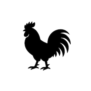 May include: A solid black silhouette of a rooster standing in profile, facing left. The graphic features the distinct shape of a comb on its head, a curved beak, a full rounded chest, and a large, fanned-out tail with several pointed feathers.