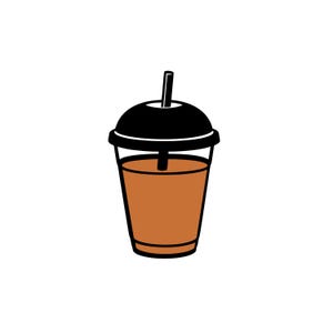 Könnte beinhalten: Eine grafische Darstellung eines Einweg-Plastikbechers, der mit einem braunen flüssigen Getränk gefüllt ist. Der Becher hat einen schwarzen gewölbten Deckel mit einem schwarzen Strohhalm, der aus der Mitte ragt. Das Design verwendet kräftige schwarze Umrisse.