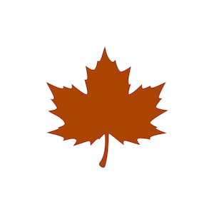 May include: A solid, flat, rust-colored graphic illustration of a maple leaf. The leaf features a central lobe, two large side lobes, and two smaller lower lobes, all with pointed tips and serrated edges, ending in a single thin stem.
